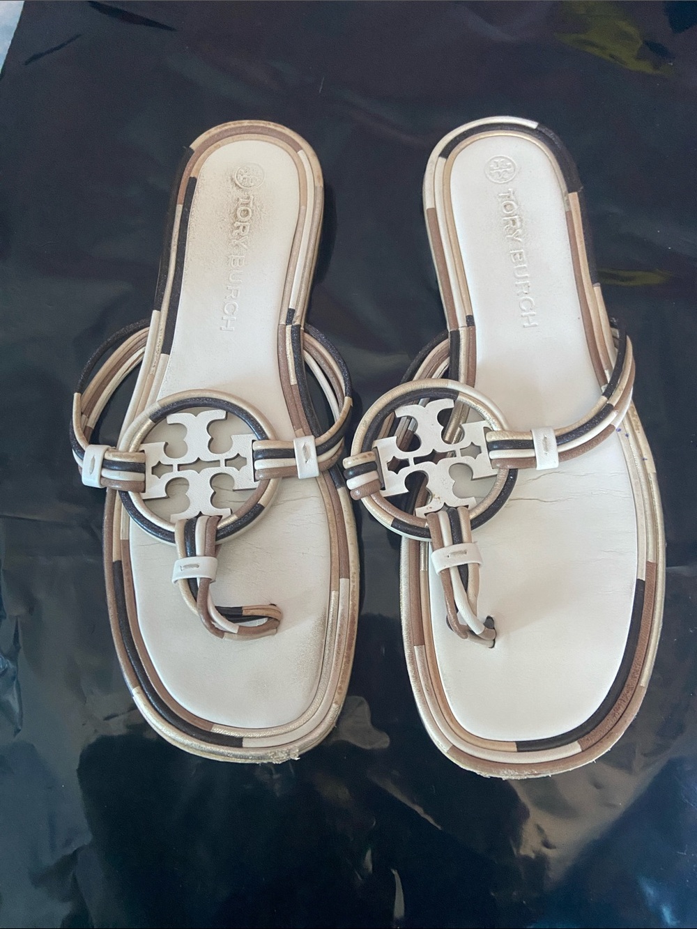 Tory Burch Two-Tone Beige and Brown Logo Thong Sandals
